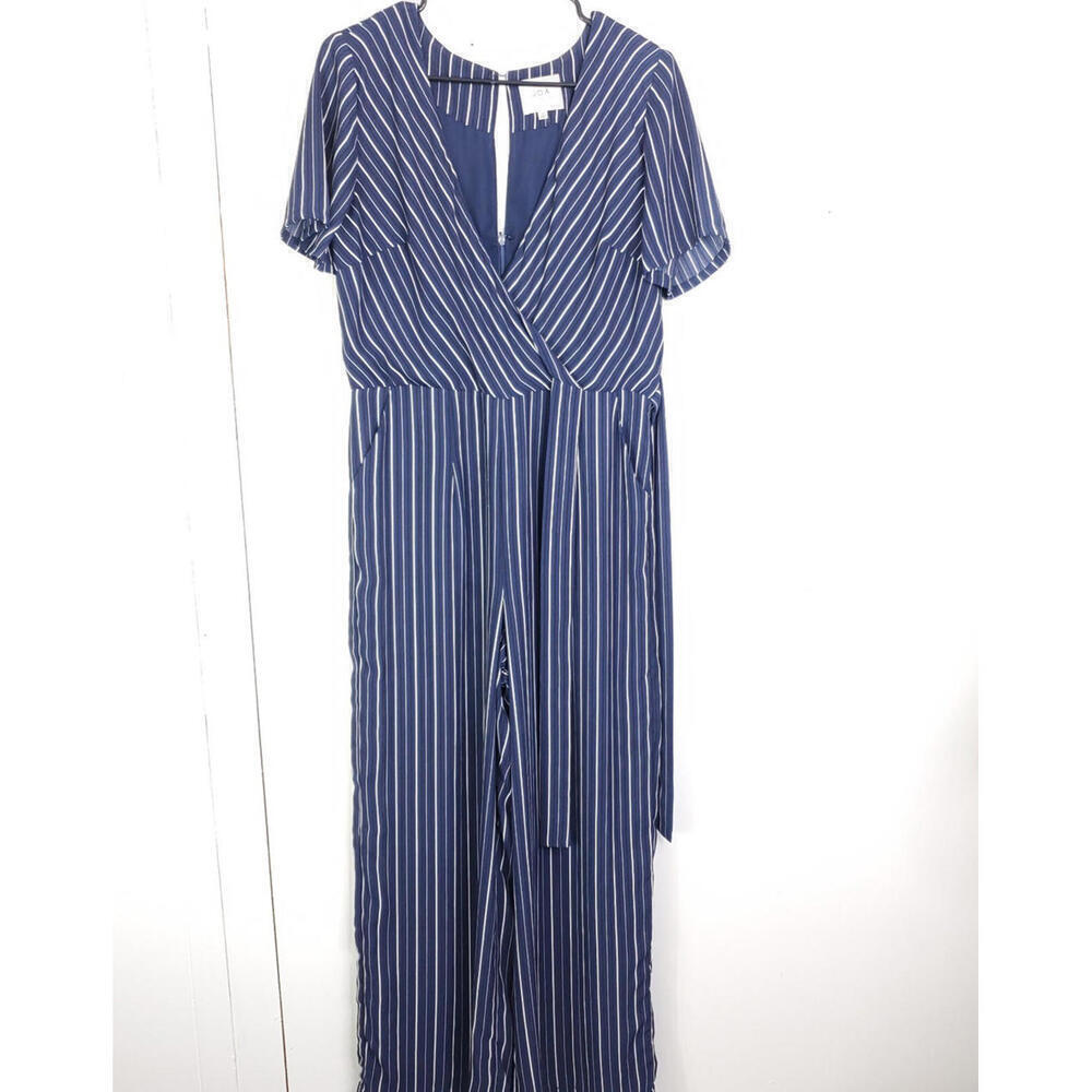 JOA Jumpsuit Womens M Striped Nautical Navy V Neck Ruched Draped Short Sleeve